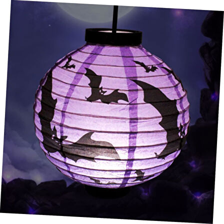 Halloween Japon Feneri Led Pilli 20 cm Mor Yarasa