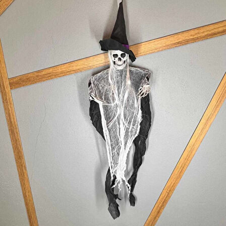 Halloween İskelet Korkuluk Şapkalı Saçlı 100 Cm Siyah