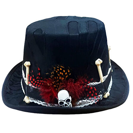 Halloween Kurukafa Kemikli Lüks Silindir Şapka