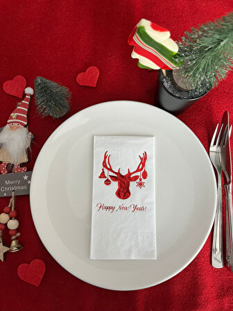 Kırmızı Yaldızlı Beyaz Yılbaşı Geyik Modeli Peçete 16 lı