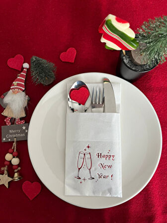 Kırmızı Yaldızlı Beyaz Cepli Yılbaşı Kadeh Happy New Year Kağıt Peçete 12 Adet 40x40