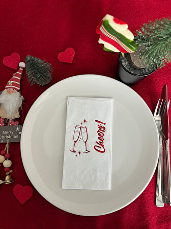 Kırmızı Yaldızlı Beyaz Yılbaşı Cheers Peçete 16 lı