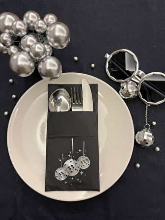 Gümüş Yaldızlı Siyah Disco Topu Cepli Peçete 12 Adet 40x40