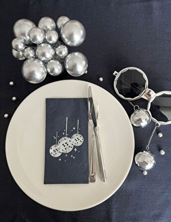 Gümüş Yaldızlı Siyah Disco Topu Peçete 16 Adet