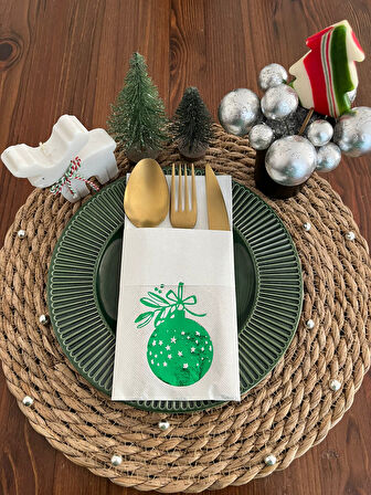 Yeşil Yaldızlı Yılbaşı Çam Ağacı Süsü 12 li Beyaz Renkli Kağıt Cepli Peçete