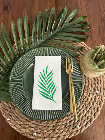 Yeşil Yaldızlı Beyaz Yaprak Desenli Peçete 16 lı