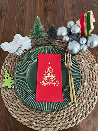 Gold Yaldızlı Kırmızı Çam Ağacı Peçete 16 lı