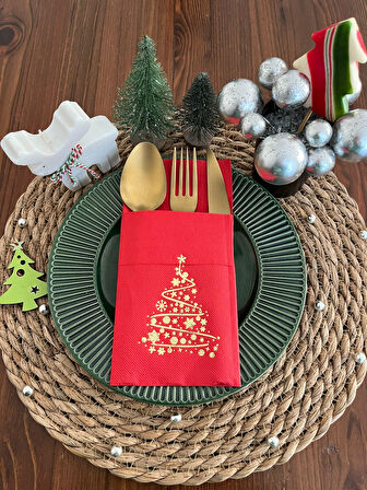 Gold Yaldızlı Kırmızı Cepli Çam Ağacı Peçete 12 Adet 40x40