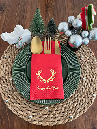 Gold Yaldızlı Kırmızı Cepli Aır Touch Happy New Year Geyik Boynuzu Peçete 12 Adet 40x40