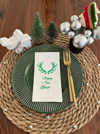 Yeşil Yaldızlı Beyaz Happy New Year Küçük Geyik Boynuzu Peçete 16 lı