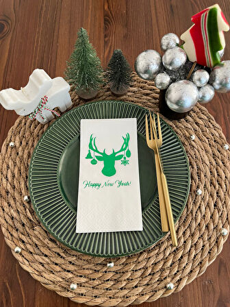 Yeşil Yaldızlı Beyaz Yılbaşı Geyik Modeli Peçete 16 lı