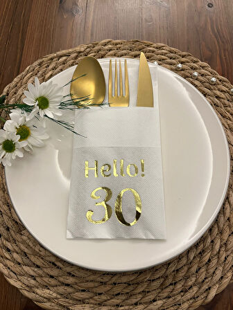 Gold Yaldızlı Beyaz Cepli Hello Otuz Yaş Peçete 12 Adet 40x40