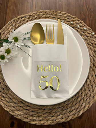 Gold Yaldızlı Beyaz Cepli Hello Elli Yaş Peçete 12 Adet 40x40