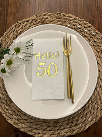 Gold Yaldızlı Beyaz hello Elli Yaş Peçete 16 Adet