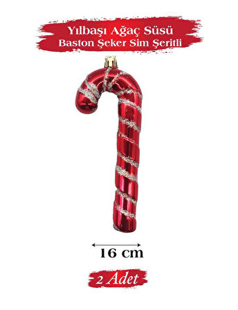 Yılbaşı Ağaç Süsü Baston Şeker Sim Şeritli 16 Cm 2 Parça