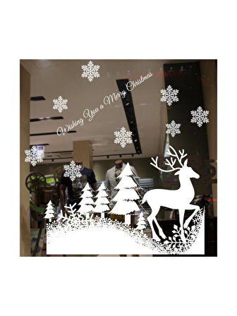 Yılbaşı Noel Sticker Beyaz Çam Ağaçlı Geyik Figürlü 70x50 cm