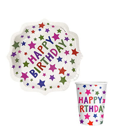 Yıldız Desenli Happy Bırthday Temalı Karton Tabak Bardak 8 li