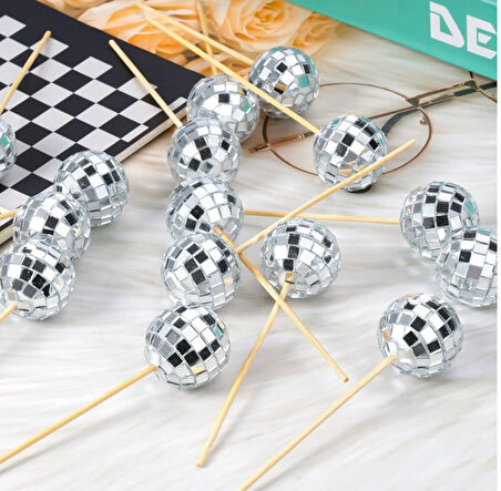 Disco Topu Ahşap Çubuklu Pasta Süsü 3 cm 6 Adet