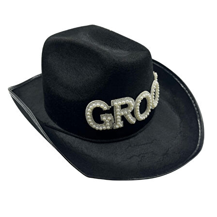 Siyah Groom Damat Taşlı Lüx Kovboy Şapka