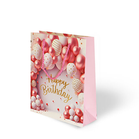 Lüks Karton Çanta Happy Bırthday Varak Baskılı Balon Temalı 18x24