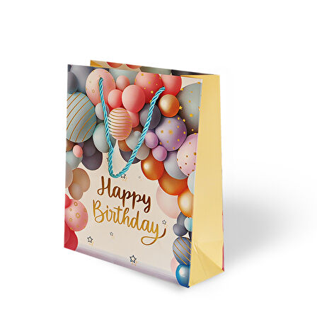 Lüks Karton Çanta Happy Bırthday Varak Baskılı Balon Temalı 18x24