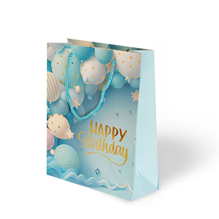 Lüks Karton Çanta Happy Bırthday Varak Baskılı Balon Temalı 18x24