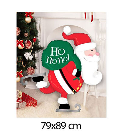 Yılbaşı Buz Pateni Yapan Noel Baba Hediye Çuvallı Folyo Balon 79x89 cm