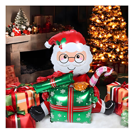 Yılbaşı Hediye Paketli Oturan Noel Baba Temalı Folyo Balon 102x62 cm