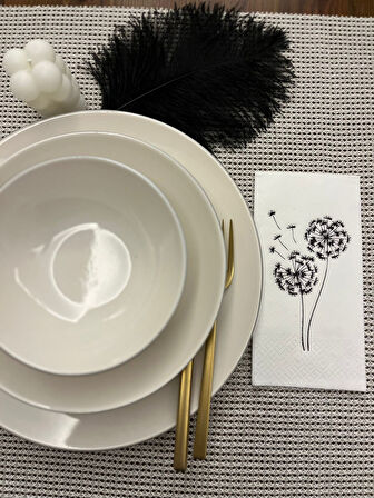 Siyah Yaldızlı Beyaz Hindiba Çiçeği Baskılı Garson Katlama Peçete 16 lı