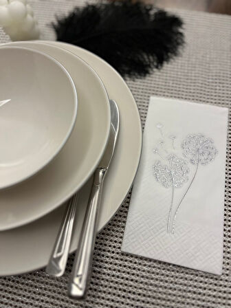 Gümüş Yaldızlı Beyaz Hindiba Çiçeği Baskılı Garson Katlama Peçete 16 lı