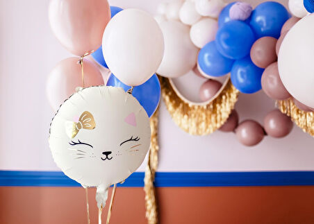Retro Beyaz Kedi Yuvarlak Folyo Balon 18 inç