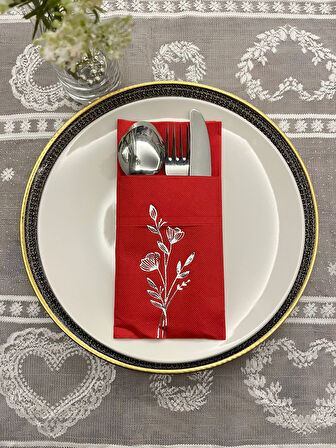 Gümüş Yaldızlı Kırmızı Cepli Gelincik Çiçeği Peçete 12 Adet