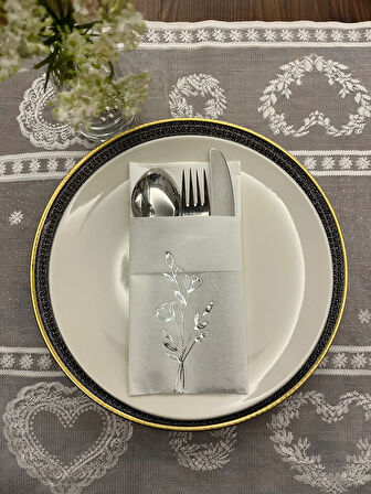 Gümüş Yaldızlı Beyaz Cepli Gelincik Çiçeği Peçete 12 Adet