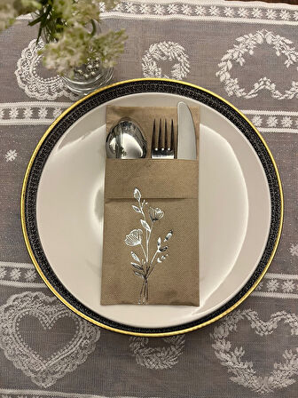 Gümüş Yaldızlı Kraft Cepli Gelincik Çiçeği Peçete 12 Adet