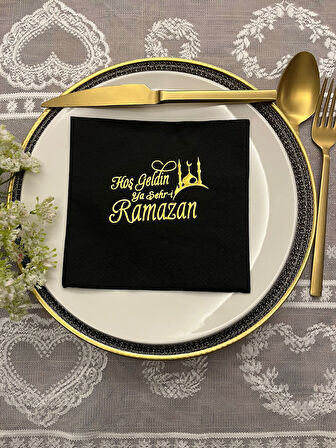 Gold Yaldızlı Siyah Hoş Geldin Ya Şehr-i Ramazan Peçete 33x33