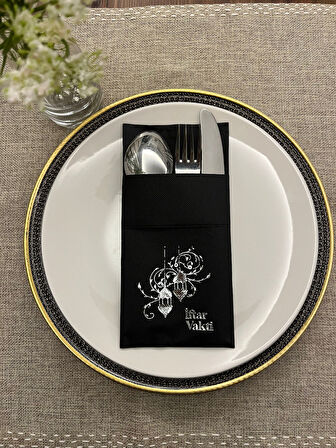 Gümüş Yaldızlı Siyah İftar Vakti Cepli Peçete 12 Adet