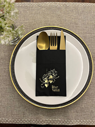 Gold Yaldızlı Siyah İftar Vakti Cepli Peçete 12 Adet