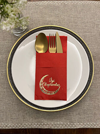 Gold Yaldızlı Kırmızı Ay Desenli İyi Bayramlar Cepli  Peçete 12 lı