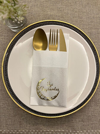 Gold Yaldızlı Beyaz Ay Desenli İyi Bayramlar Cepli Peçete 12 lı