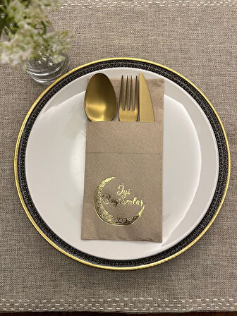 Gold Yaldızlı Kraft Ay Desenli İyi Bayramlar Cepli Peçete 12 lı