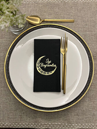 Gold Yaldızlı Siyah Ay Desenli İyi Bayramlar Peçete 16 Adet