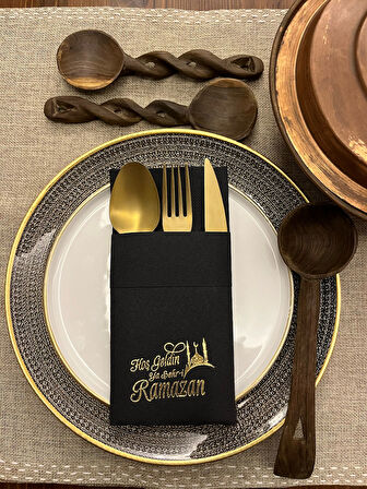 Gold Yaldızlı Siyah Kumaş Dokulu Hoş Geldin Ya Şehri Ramazan Cepli Peçete 6 lı