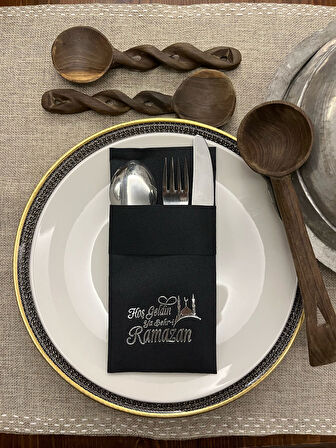 Gümüş Yaldızlı Kumaş Dokulu Hoş Geldin Ya Şehri Ramazan Siyah Cepli Peçete 6 lı