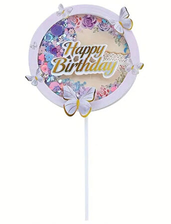 Pasta Üstü Dekoratif Çubuklu Happy Bırthday Kelebekli
