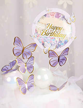 Pasta Üstü Dekoratif Çubuklu Happy Bırthday Kelebekli