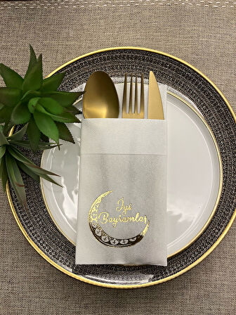 Gold Yaldızlı Beyaz Kumaş Dokulu İyi Bayramlar Cepli Peçete 6 Adet