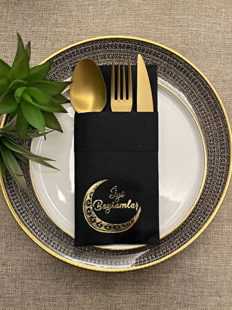 Gold Yaldızlı Siyah Kumaş Hissi Dokulu İyi Bayramlar Cepli Peçete 6 Adet