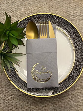 Gold Yaldızlı Gri Kumaş Hissi Dokulu İyi Bayramlar Cepli Peçete 6 Adet