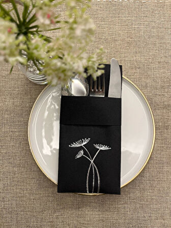 Gümüş Yaldızlı Siyah Cepli Havuç Çiçeği Kumaş Dokulu Air Laid Peçete 6 Adet
