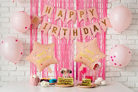 Retro Pembe Happy Bırthday Baskılı Yıldız Folyo Balon 18 inç